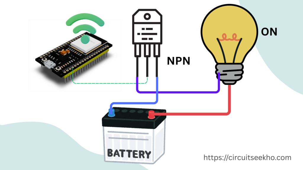 NPN transistor used as a switch to control a light bulb using microcontroller signal and battery